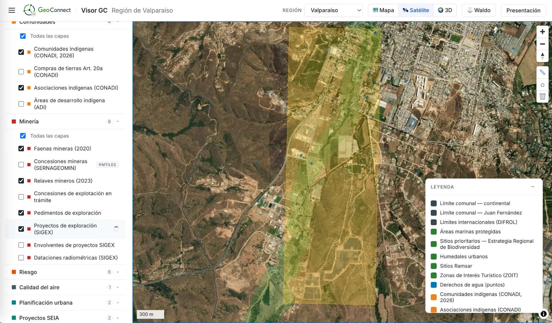 Área territorial analizada por GeoConnect con concesiones, sensibilidad ambiental y antecedentes prediales